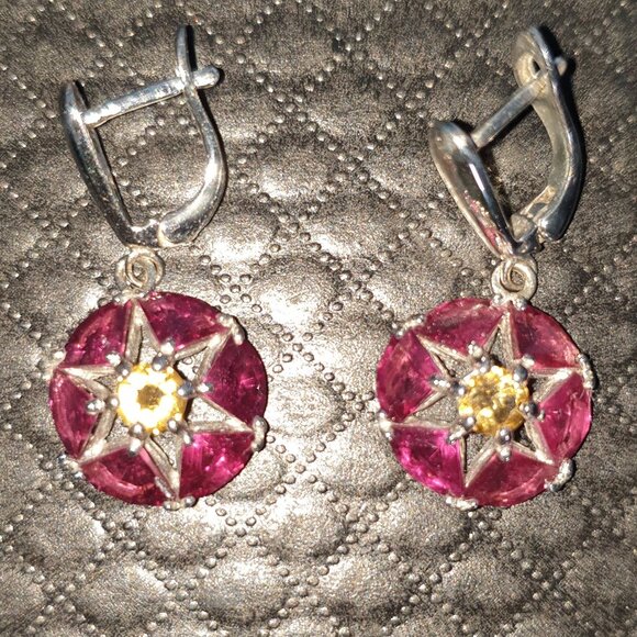 Vintage Genuine Natural Red Spinel & Citrine 925 Sterling Silver Dangle Earrings - Picture 4 of 13